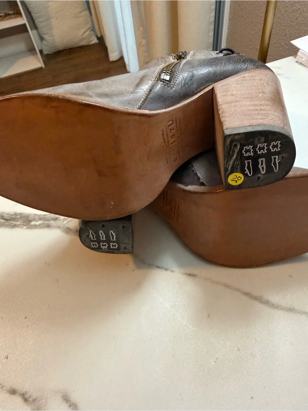 BED|STU Taupe Open-Toe Leather Ankle Booties with Wooden Block Heel